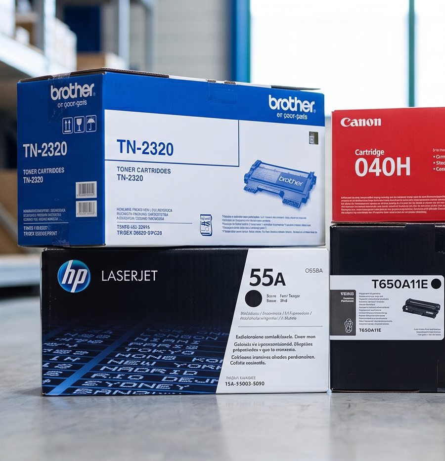 Ongebruikte tonerdozen van Brother, Canon en Lexmark op de magazijnvloer.